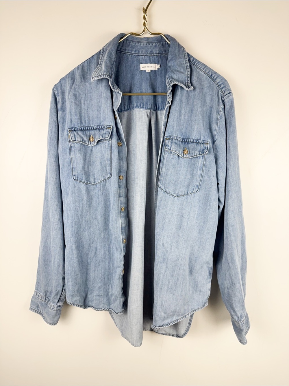 Good American Size 2 Blue Cotton Viscose Soft Denim Utility Shirt Pocket Top